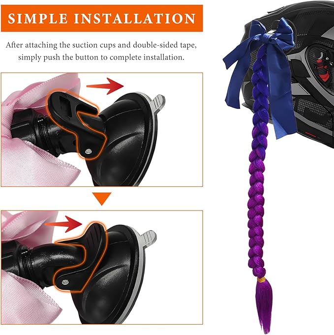2PCS Helmet Pigtail Braids, Motorcycle Helmet Ponytail with Suction Cup, Bowknot Pigtails for Bicycle Helmet Decoration (Blue-Purple)