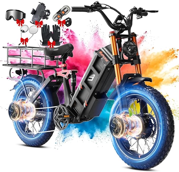 2026 eAhora Juliet Pro 2 EBike - Dual Motor 5400W/1200W 30-43MPH 60V 70Ah 200Mile Long Range Electric Bike for Adults, 20'' Fat Tire Fast Electric Mountain Bike Full Suspension Electric Bicycle