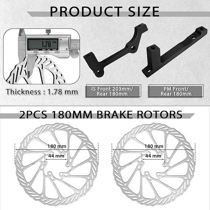 BUCKLOS Ebike Hydraulic Disc Brake Set with 180mm Rotors 2 Pistons Electric Power-Off Left Front 1100mm Right Rear 1800mm Aluminum Alloy Lever for Scooter/MTB Mountain Bike(Included Adapters)
