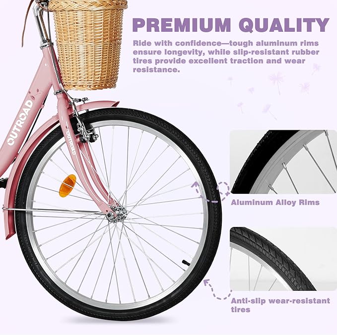 Betterland Beach Cruiser Bike for Women, 24/26 inch Hybrid Bike with Adjustable Seat, Womens Bike with Front Basket and Dual V-Brake, Step Through Comfort Bicycle for City Commuter