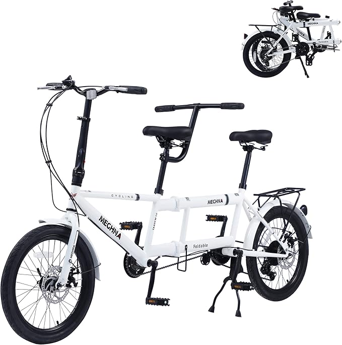 Foldable Tandem Bike, 20”City Tandem Folding Bicycle, 7-Speed Adjustable Cruiser Bike Folding Bike with 3 Seats& Disc Brake, CE FCC CCC