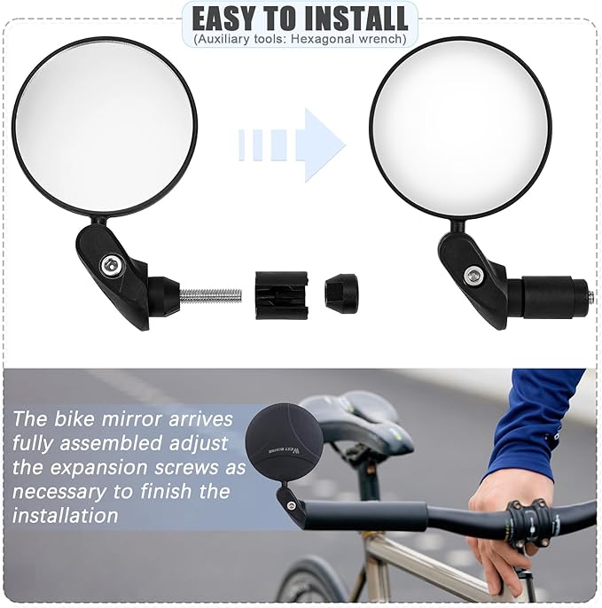 TAGVO Bar End Bike Mirrors, HD Wide Angle Bicycle Rear View Mirrors, 360 Dregree Adjustable Rotation Handlebar Convex Mirror for Mountain Road Bike Cycling (2 PCS)