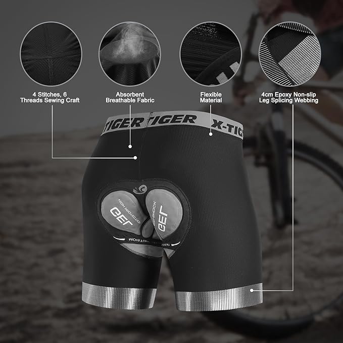 X-TIGER Cycling Underwear Mens Bike Shorts 5D Padded Mountain Biking Riding Shorts with Anti-Slip Leg,Bicycle Liner Shorts