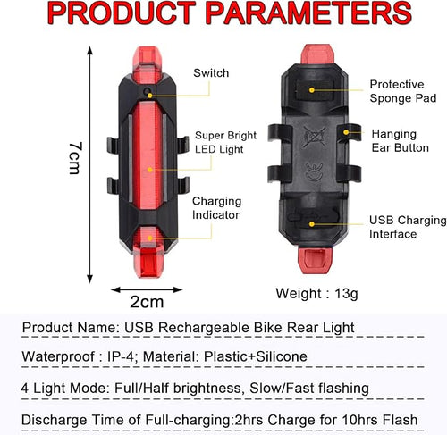 2 Pack USB Rechargeable LED Bicycle Rear Lights Cycling Bike Taillight Safety Lamp Night Essential Waterproof 4 Modes Warning Light for Men Women Kids MTB