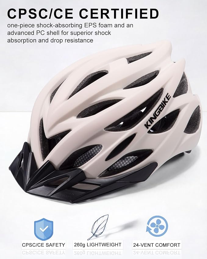 KINGBIKE Bike Helmet for Adult Men Women Youth Road Commute Mountain Cycling Helmets with USB Rechargeable Light Replaceable Padding and Visors Lightweight 20.4-23.6in