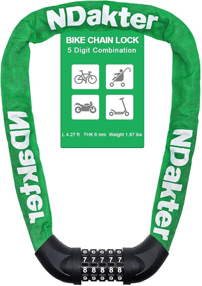 NDakter Bike Lock, 5 Digit Combination Heavy Duty Anti Theft Bicycle Chain Lock, 2.62/3.2/4.27/5/6Ft Long, High Security Resettable, Suitable for Bike, Scooter, Door, Gate, Fence-4/6mm Thick
