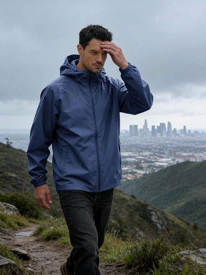Men's Rain Jacket Windbreaker Waterproof Jacket Raincoat Cycling Running Hiking Gear Hood Lightweight Packable