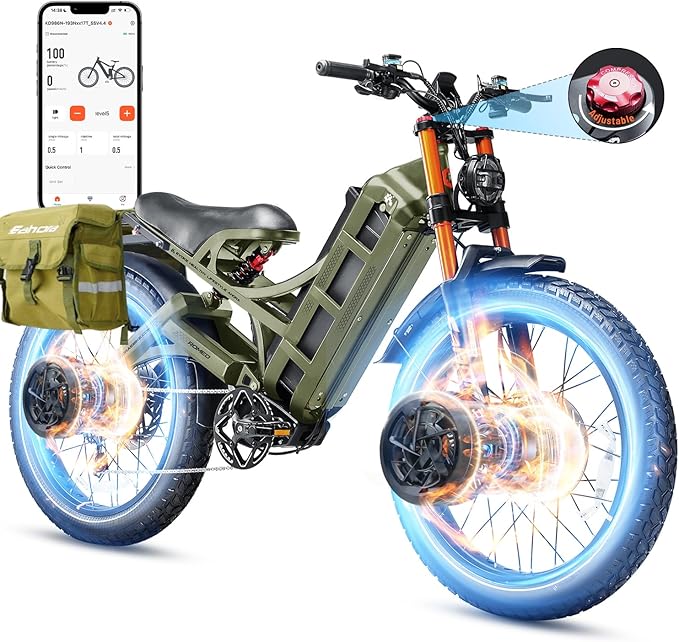 eAhora 2026 Romeo Pro 3 5600W 50Mph High-Torque Ebike, 60V 80Ah 250-Mile Long Range Electric Bike for Adults, Adjustable Air Suspension, 26'' Puncture-Proof Tire, UL 2849 Certified by TÜV
