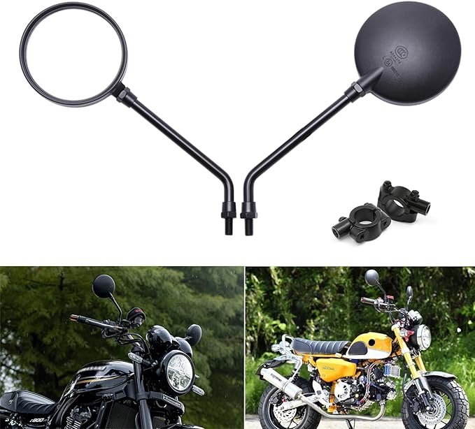 DREAMIZER 10MM Black Round Motorcylcle Mirror with 7/8" 22mm Clamp Mount Compatible with Honda Monkey CB 400 750 Suzuki Z1000 Z900 GT750 Yamaha XT25 XVS VRZ 1800 - Round