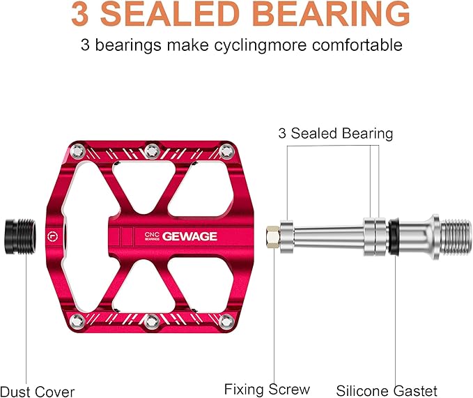 Mountain Bike Pedals - 3 Bearings Bicycle Pedals with Reflectors - 9/16” CNC Machined Flat Pedals with Removable Anti-Skid Nails for Road Mountain BMX MTB Bike