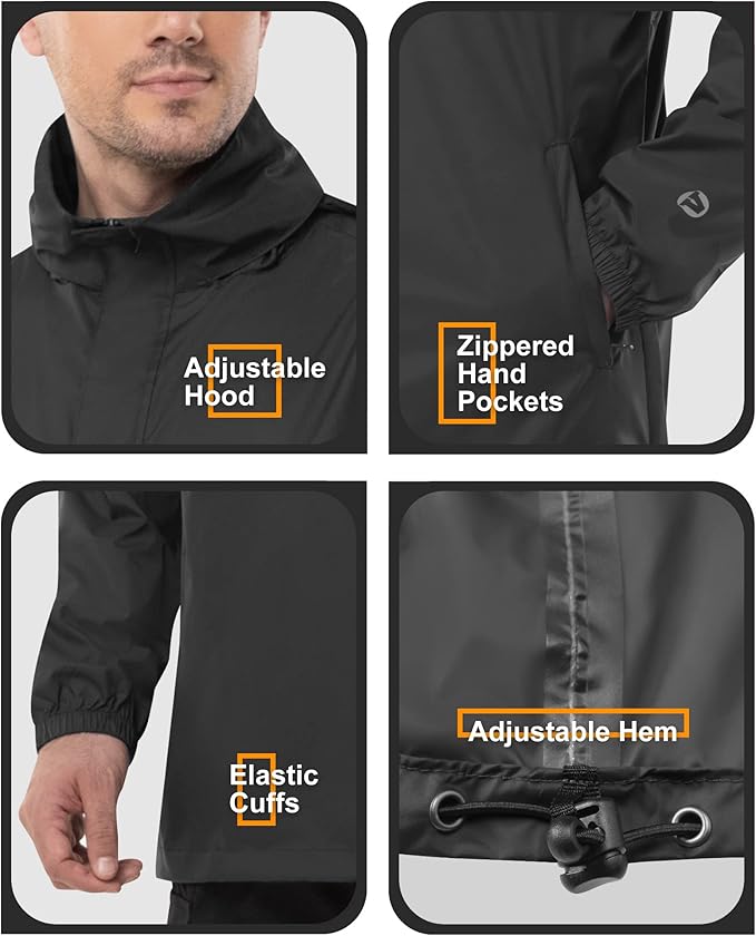 Outdoor Ventures Men's Rain Jacket Waterproof Lightweight Packable Rain Pullover for Hiking Golf Running