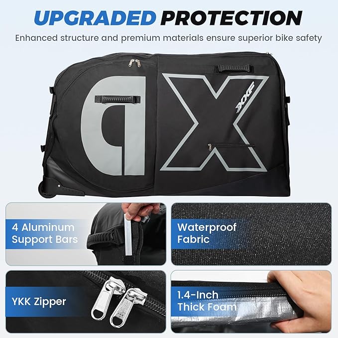 Bike Travel Case & Bike Travel Bag - Bicycle Pro Transport Equipment for Air Flights - Oversized Capacity, Waterproof Fabric with 4 Aluminum Support Bars, Wheel Protection Tubes & YKK Zippers
