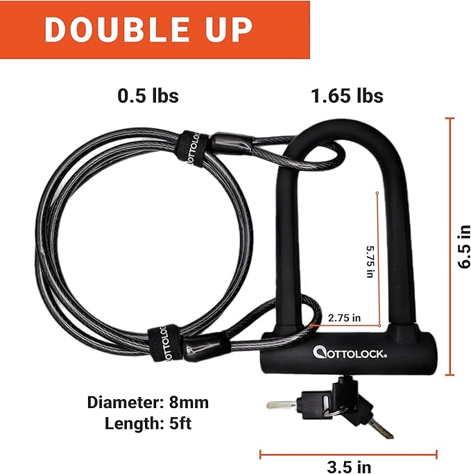 OTTOLOCK Sidekick Compact U-Lock and Cable Bundle - Heavy Duty Anti Theft Bicycle U-Lock with Keys, Silicone-Coated, Bike Accessories, Black
