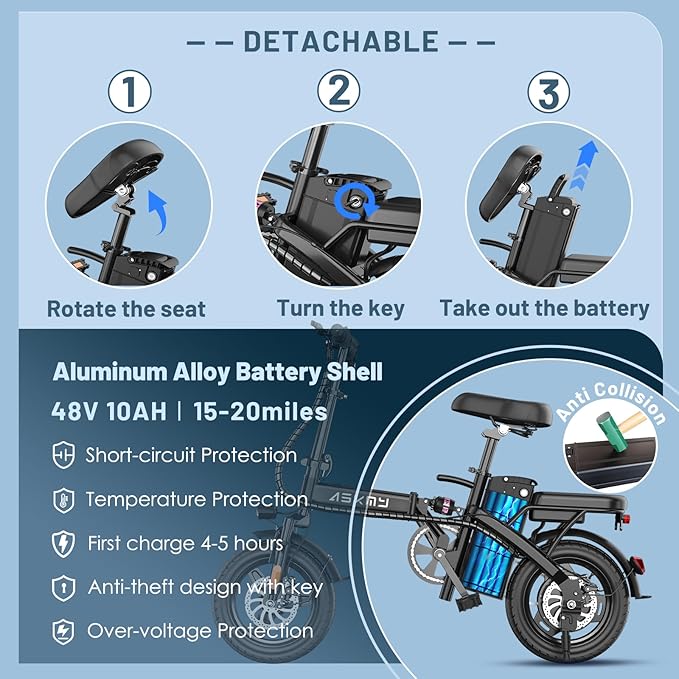 Foldable Electric Bike for Adults and Teens, 750W Peak Motor Ebike, 14" Folding E-Bike with 20 MPH, 30-35 Miles PAS Range, Electric Bicycle with 48V Removable Battery