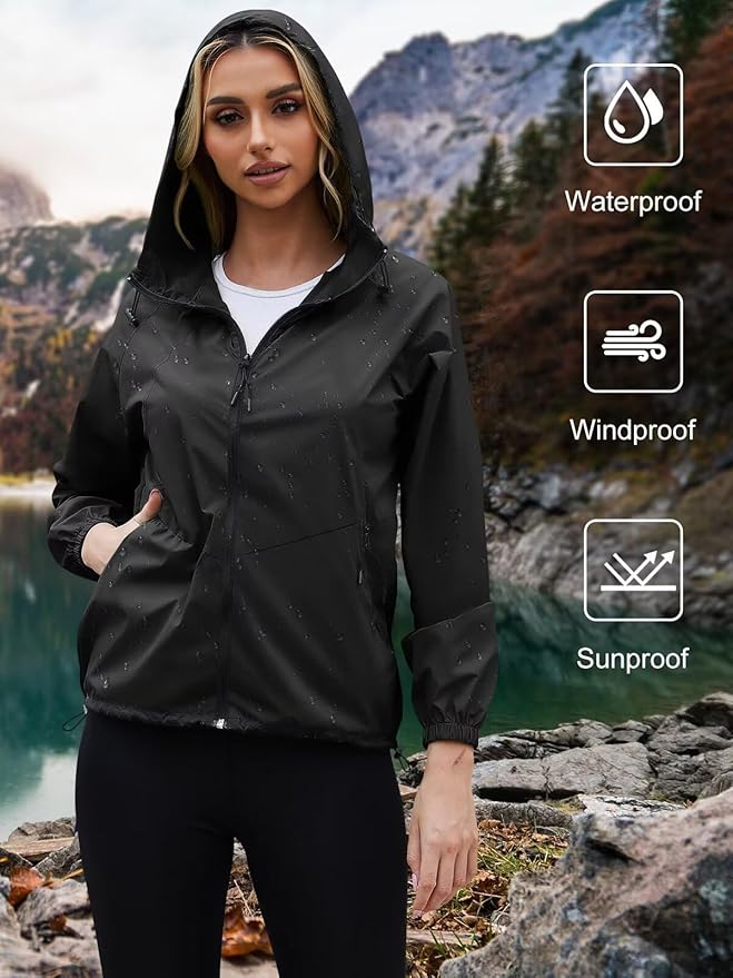 PITINAN Lightweight Rain Jacket Women Packable Wind Breaker Light Rain Jacket Women Waterproof Travel Raincoat S-XXL