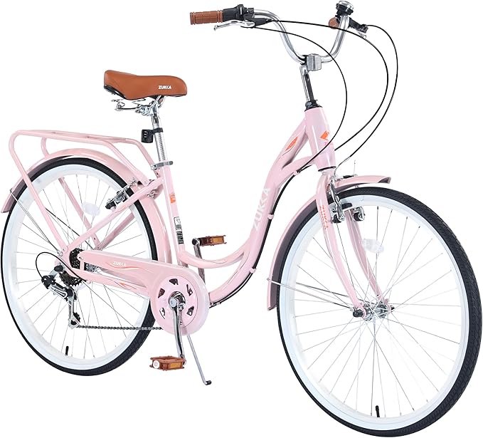 Commuter Bicycle, 26 Inch Ladies Bicycle for Adult, 7-Speed/High-Carbon Steel/Front & Rear Fenders, Ergonomic Upright Design Multiple Colors