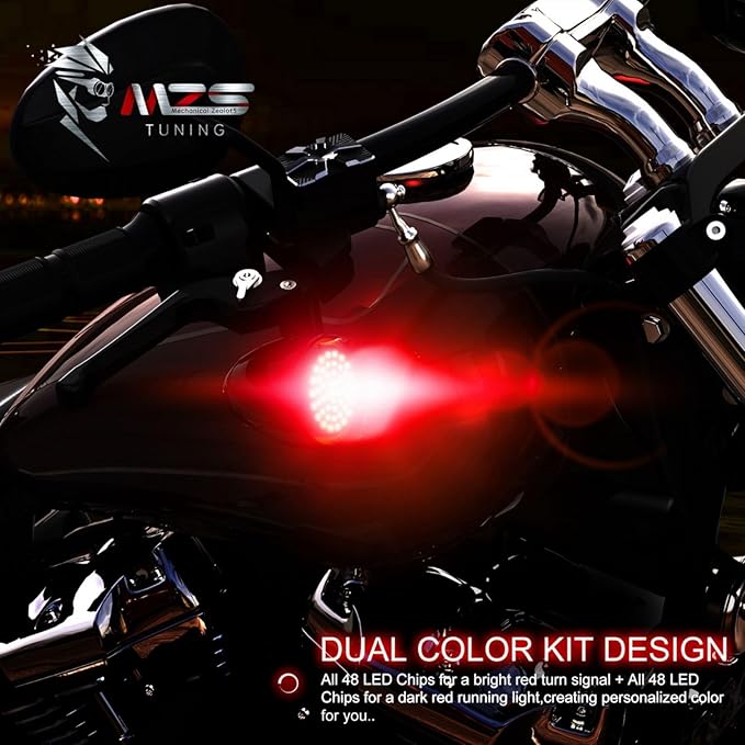 MZS 1157 LED Bulb Motorcycle Turn Signals Running Light Kit, Red Upgraded LED Beads 2" Bullet Style with Dual Color Front or Rear Compatible For Most Family Motorcycles-Pack of 2