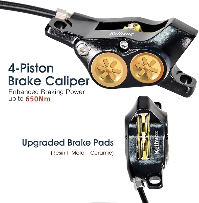 Kethvoz MTB Hydraulic Brakes Set 4 Pistons, Disc Brake Kit Front and Rear, Professional Bike Hydraulic Brakes w/ 180mm Brake Discs Rotor for E-Bike/Electric Bike Mountain Road Bicycle Biking