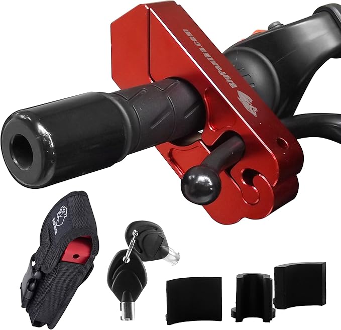 Motorcycle Grip Lock - Heavy Duty Brake/Handlebar/Throttle Lock That Secures Your Bike, Scooter, Moped, or ATV in Under 5 Seconds! - Anti Theft Motorcycle Lock W/Free Holster (Red)