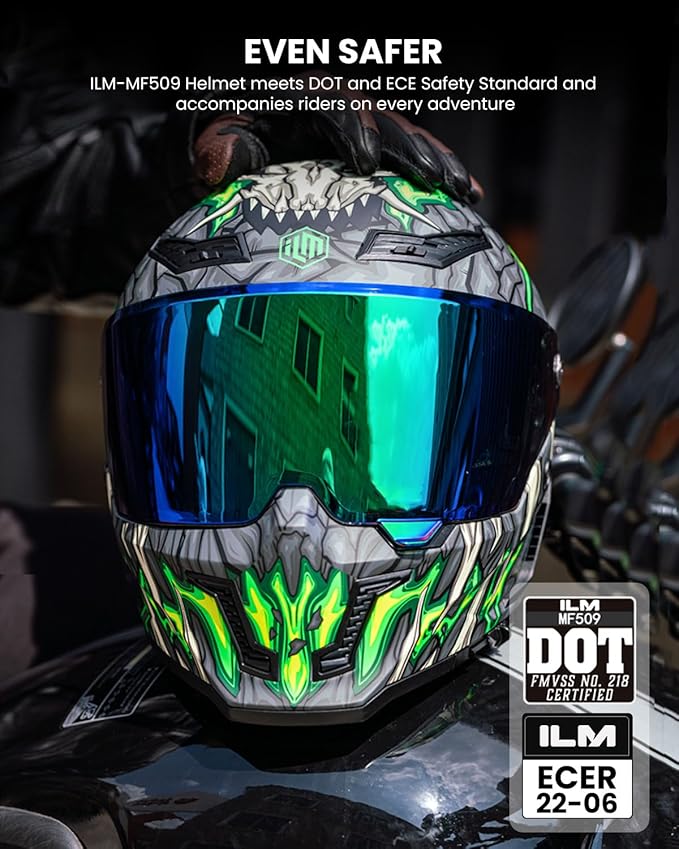 ILM Motorcycle Helmets for Adult Men Women Full Face DOT ECE Powersports Dual Visor Street Racing Helmet with Pinlock Cascos para Motos Model MF509 (Day1 Green, L)