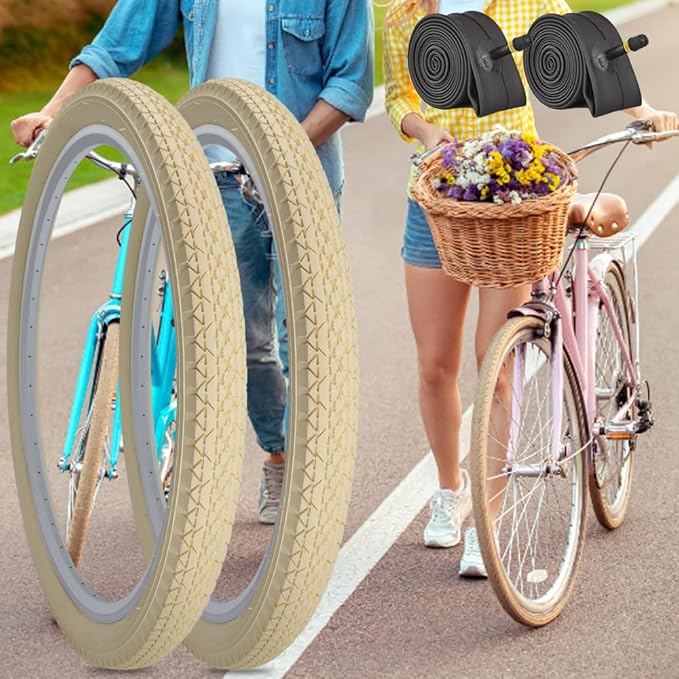 SIMEIQI 1 or 2 Pack 26"x2.125" Cruiser Beach Bike Tires Cream Color with or Without Inner Tubes 26"x1.75"/2.125" Replacement Folding Bicycle Tyres for City Commuter Urban Pavement