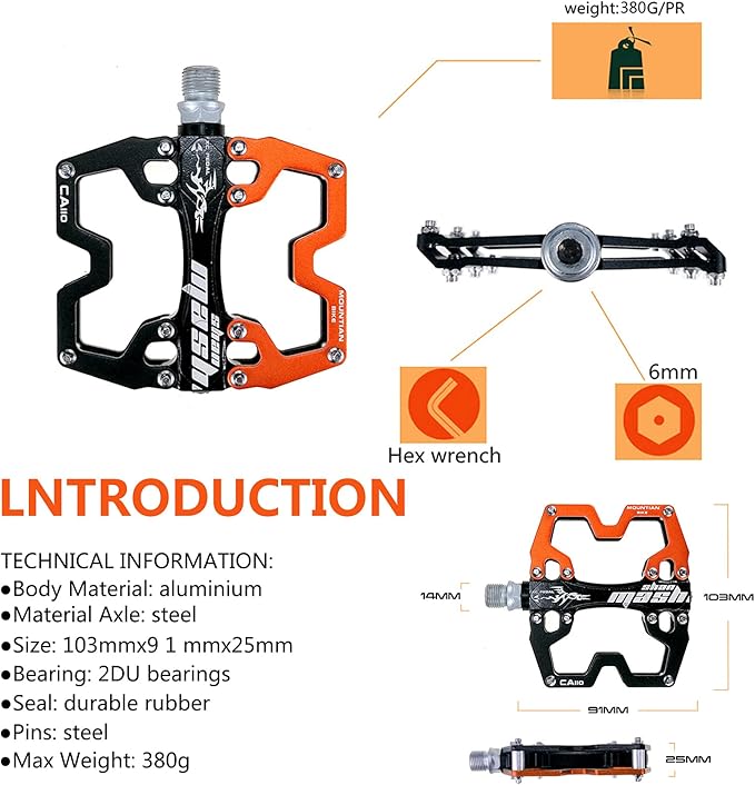 Mountain Bike MTB Pedals Parallel Bicycle Road Pedal 9/16 Inch Ultra-Light Flat Aluminum Alloy Sealed Bearing with Anti-Skid 1 Pair