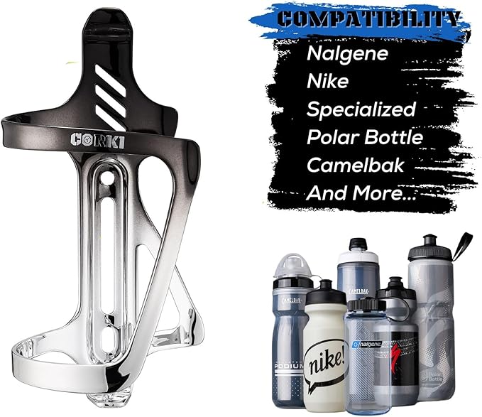 Corki Cycles Bike Water Bottle Holder Aluminum Alloy Side Load Water Bottle Cage, Right and Left Entry Bike Water Bottle Holder for Road & Mountain Bikes - Right Duo Pack - 2Pack - Black & Silver