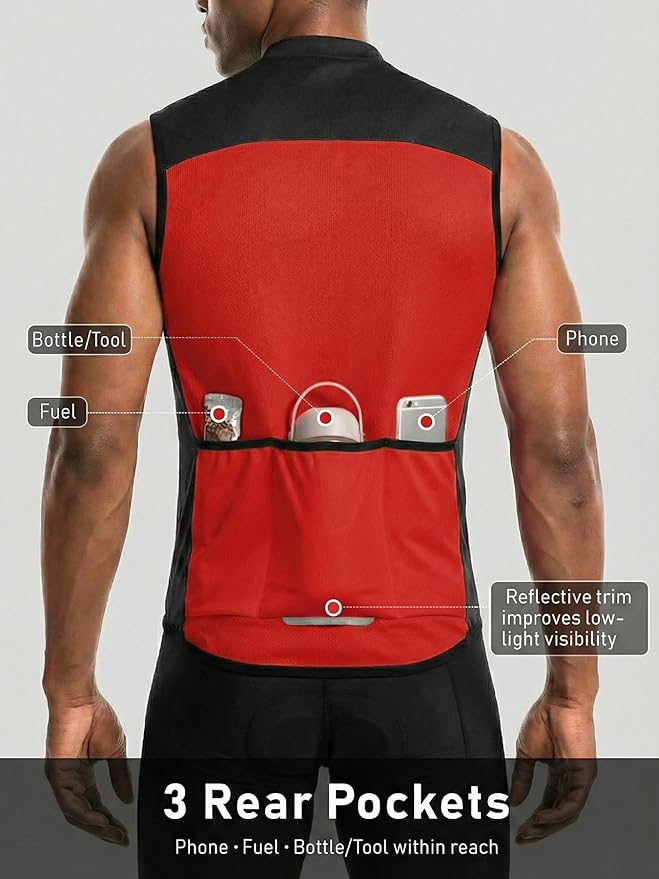 qualidyne Men's Sleeveless Cycling Jersey, Full Zip, Quick-Dry Moisture-Wicking Knit, 3 Rear Pockets, Reflective Details