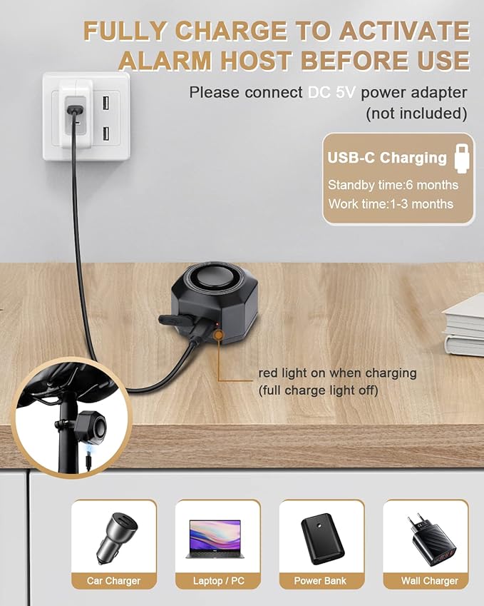 ONVIAN Bike Alarm with Motion Sensor Remote, USB-C Rechargeable Wireless Antitheft Bicycle Alarm for Bicycle Motorcycle Scooter, Sensitive Motion Detection Security Bike Accessories 110dB Super Loud