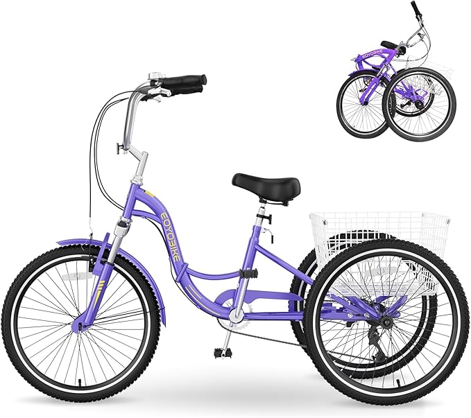 MOPHOTO Adult Folding Tricycle, 7-Speed 3 Wheel Bike for Adults, Seniors, Women & Men, 20/24/26 Inch Low Step-Through Trike with Large Rear Cargo Basket, Adjustable Seat, Space-Saving Cruiser Bicycle