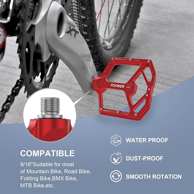FOOKER Mountain Bike Pedals,Non-Slip Bicycle Flat Pedals Aluminum 9/16",MTB Pedals Wide Platform Pedals for Mountain Bike, BMX, Road Bike Pedals