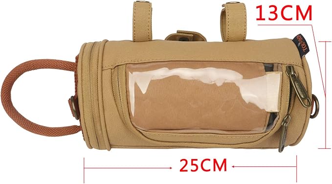 TOURBON Waxed Canvas Bicycle Top Tube Bag Bike Handlebar Basket (Khaki with phone holder)