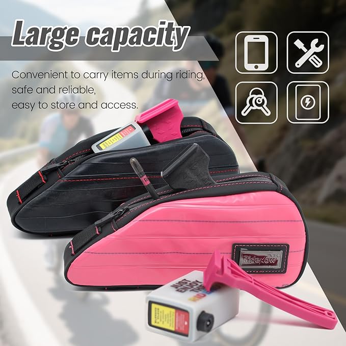 RideRow Compact Bike Top Tube Bag – Waterproof Bicycle Frame Pouch, Fits Up to 6.1" Phone, Narrow No-Rub Design, Secure 3-Point Mount, Cycling Storage for Mountain & Road Bike (Pink)