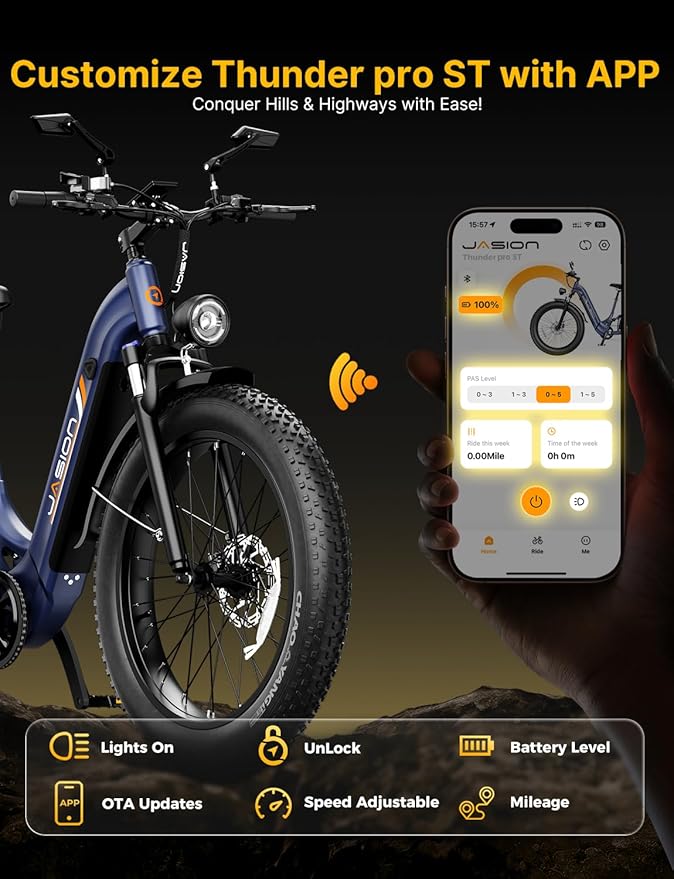 Jasion Thunder/PRO/ST Electric Bike,2000W/1800W Peak Ebikes for Adults,26''Fat Tire Best Ebike for Men,90/80 Miles with 1040Wh/864Wh Battery,35/30+MPH Max Speed Bicycles,500/400LB Capacity