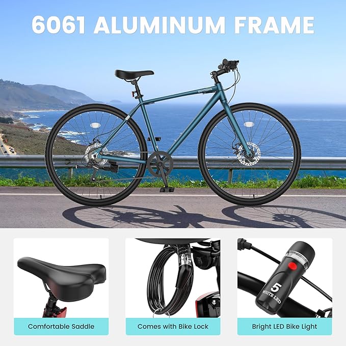 NAIZEA 700C Hybrid Bike for Adults, Aluminum Frame Step-Over Bicycle, 8-Speed Vintage Retro Road Bike for Men and Women, City Commuter Cycling, Multiple Colors