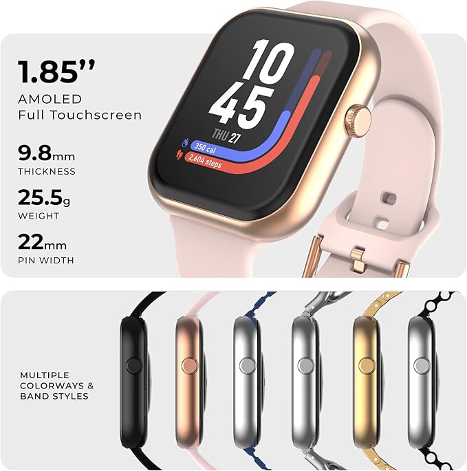 iTouch AIR 5 Smartwatch - 1.85" AMOLED Display, Bluetooth Calling, 100+ Sports Modes, Heart Rate, SpO2, Sleep & Stress Tracking, IP68, 7-Day Battery Life (Rose Gold Case w. Blush Silicone Band)