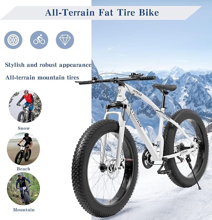 Outroad Fat Tire Mountain Bike with 26 inch Wheels, 21 Speed with High Carbon Steel Frame, Double Disc Brake and Front Suspension Anti-Slip Bikes