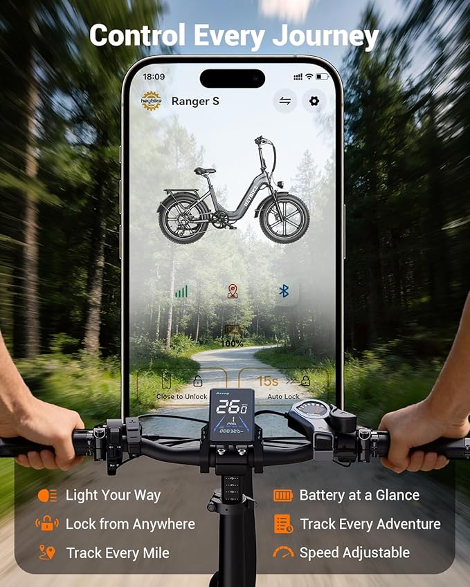 Heybike Ranger 20"x4.0" Fat Tire Folding Electric Bike for Adults, 1200W/1800W Peak Motor, 28/32MPH, up to 55/90 Miles Range, UL2849 Certified Removable Battery for Commute Beach Mountain Snow E Bike