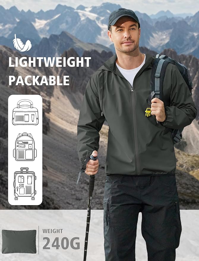COOFANDY Men's Light Rain Jacket with Hood Packable Waterproof Raincoat Golf Rain Gear Travel Hiking Windbreaker