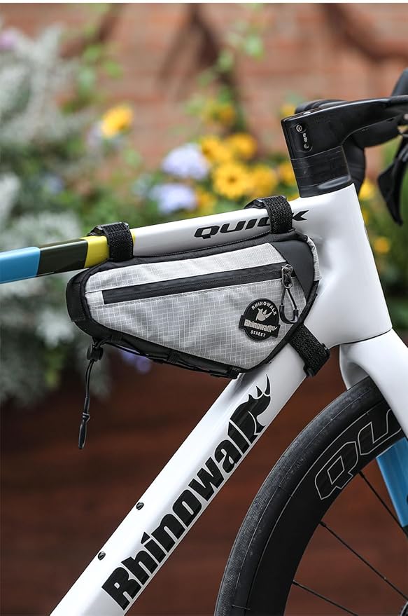 Rhinowalk Bike Frame Bag Waterproof Triangle Frame Storage Bag with Cable Port 1L Lightweight Bicycle Bag for Road Bike MTB Gravel Bike Compact Cycling Accessory with Pump Strap (White)