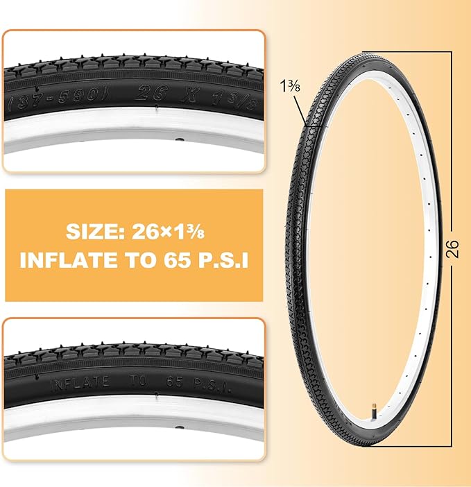Hycline 26X1 3/8 Bike Tire Set: 2-Pack (37-590) Folding High-Density Bicycle Tires with Schrader Tubes & Tire Levers – Fits Vintage 26×1 3/8 City/Commuter Bikes
