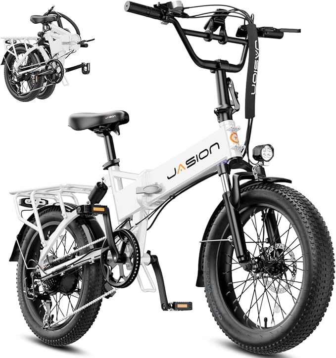 Jasion EB7 20" Foldable Electric Bike Fat Tire for Adults, 1200W Peak, 48V Removable UL-Certified Battery, 28MPH 55 Mi Range Commuter Electric Bike with Dual Suspension for City,Beach,Snow,Mountain