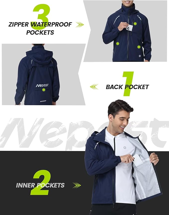 Nepest Cycling Rain Jacket Mens Waterproof Lightweight Packable Biking Windbreaker with Hood Raincoat for Running Hiking
