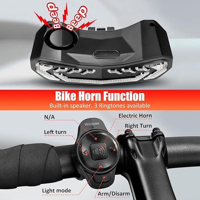 WSDCAM Bike Cargo Rack Tail Light with Turn Signals and Brake Light, Wireless Bike Horn Alarm, Auto On/Off USB C Rechargeable Bicycle Tail Light Rear Rack Bike Light Turn Signal Lights for Road Safety
