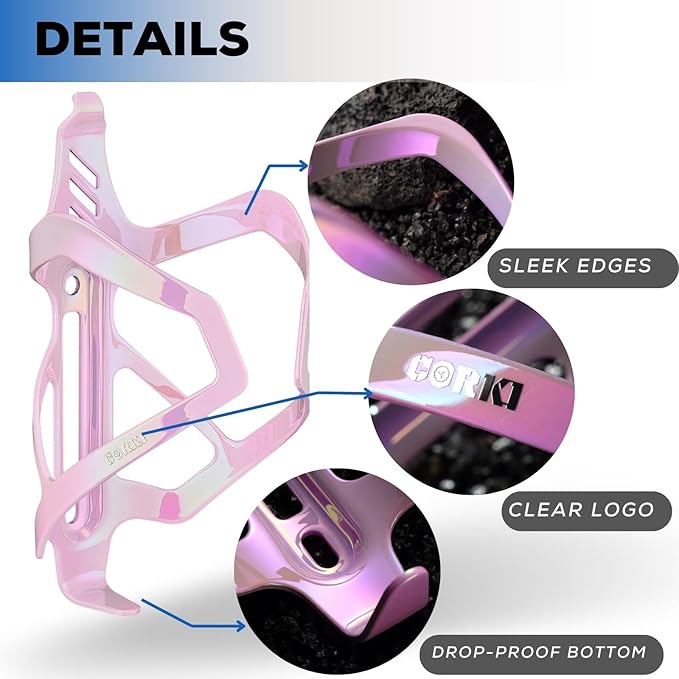 Corki Cycles Heavy Duty Bike Water Bottle Holder, Lightweight Aluminum Cage Shockproof Design for Road Mountain Gravel Bikes, Holds 18-30 oz, 1-Pack Iridescent Pink