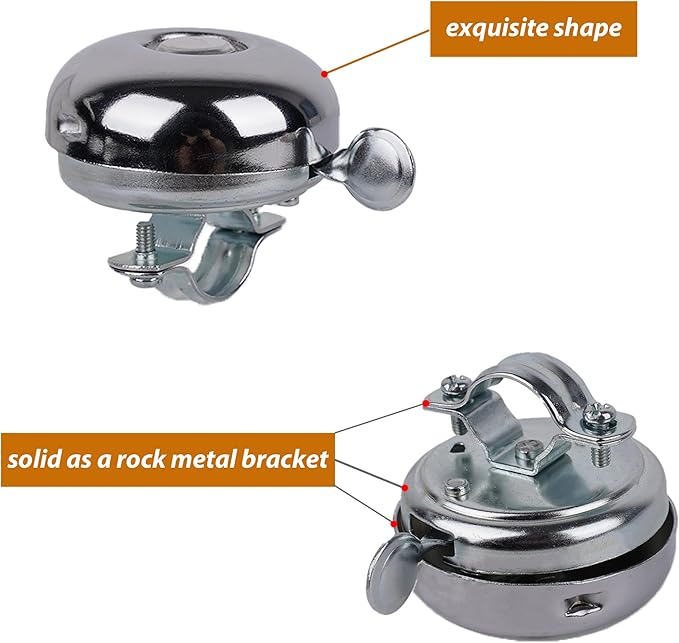 Bicycle Bell for Adult Bikes– Silver Metal Bike Bell with Clear Loud Ring – Easy Press Bell for Road, Mountain, Folding Bikes & Scooters