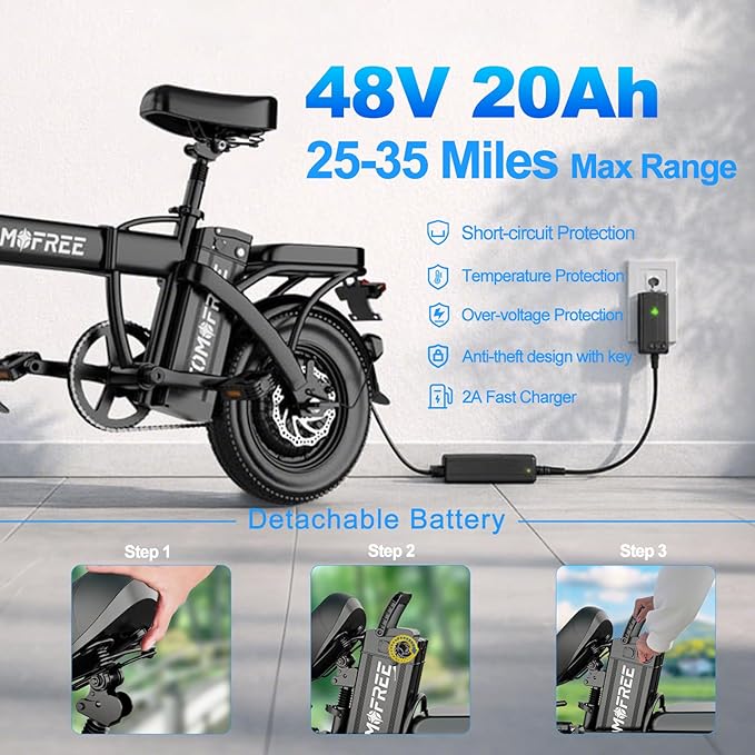 Tomofree 750W Peak Electric Bike for Adult, 20-25MPH/25-35 Miles Electric Bicycle, 14" Folding E Bike, 48V 20Ah Removable Battery, PAS Control, Commuter E-Bike for Adults and Teens