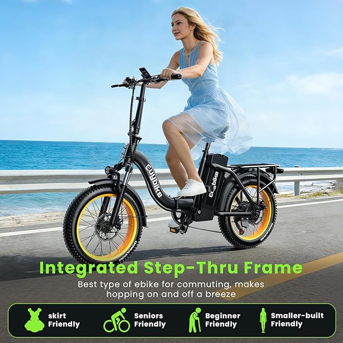 Folding Electric Bike for Adults and Seniors, 1000W Motor 48V 20AH Battery 30MPH 80 Miles, 20" Fat Tire All Terrain Ebike, 7-Speed Commuter E Bike, Step-Thru Electric Bicycle for Women and Teens