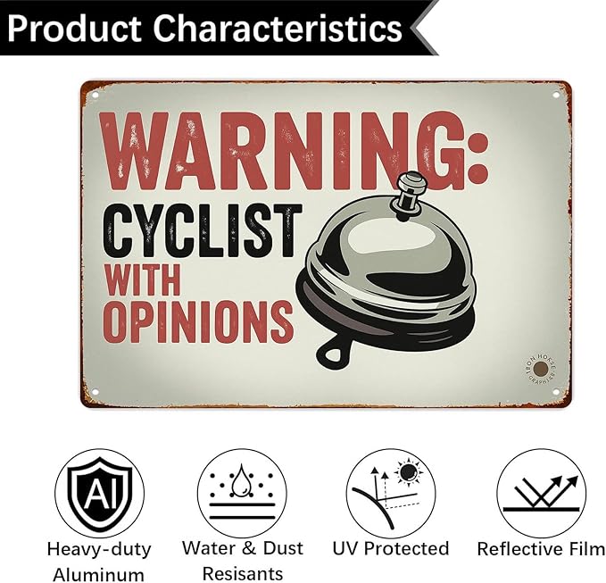 Warning Cyclist With Opinions Right Bell Cycling Vintage Funny Wall Decor 8 * 12 Inch Retro Metal Sign Posters For Kitchen Bathroom Farm Yard Bar Garage Man Cave Anywhere You Feel Is Appropriate