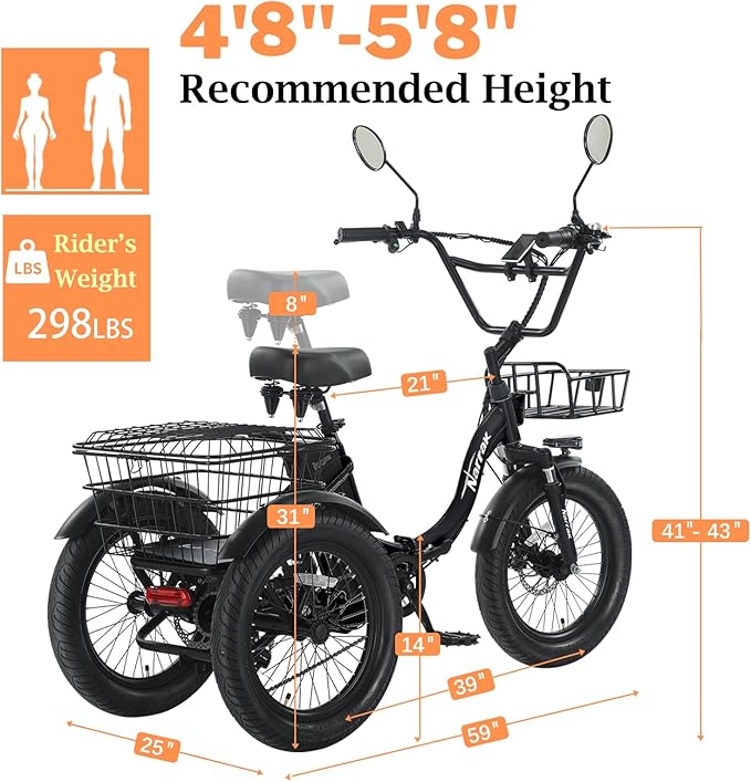 Electric Tricycle for Adults,Fat Tire Folding Electric Trike,3 Wheels Electric Bicycle Bikes, Peak 700W Step-Thru Etrike with 468WH Removable Battery and Large Basket for Women Men